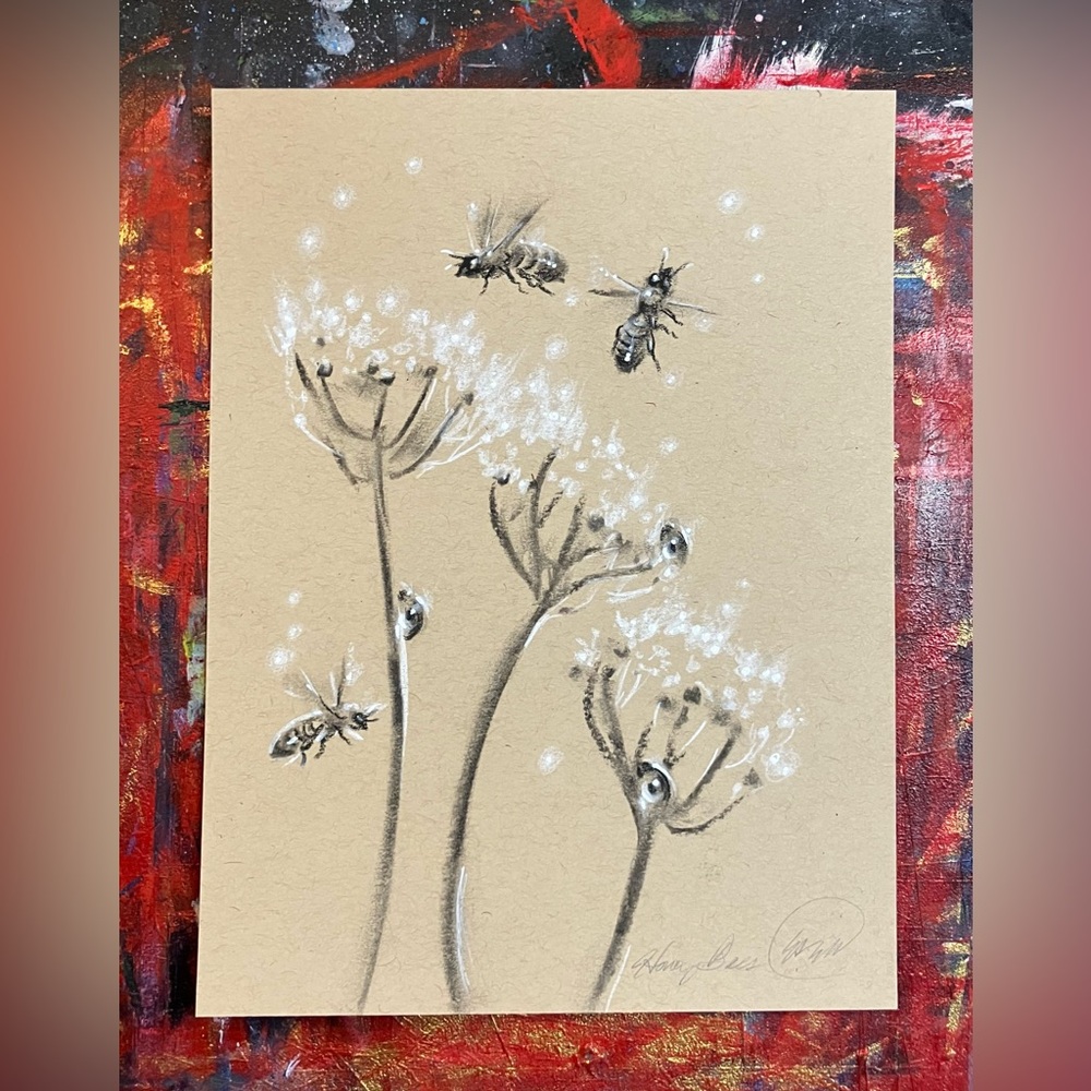 Original Artwork Bees & Queen Anne's Lace anise Art pastel painting charcoal